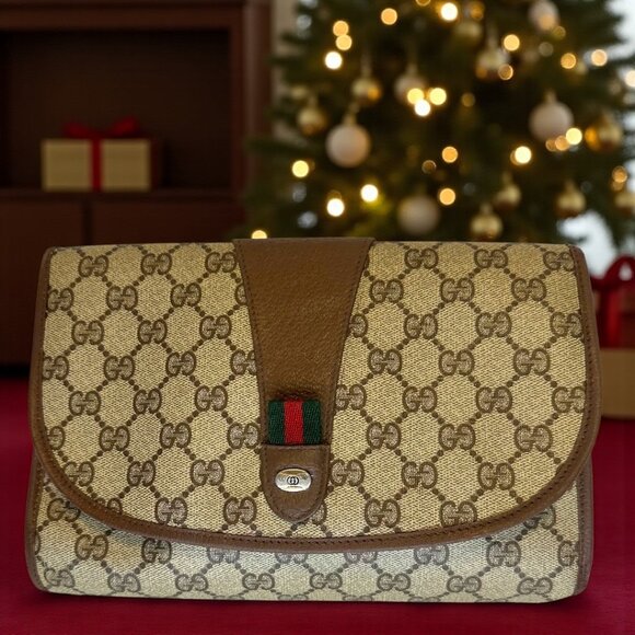 Gucci Clutch GG Supreme Web Sherry Line Clutch Bag PVC Beige Gold - Picture 1 of 2